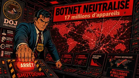 Illustration d'un réseau de machines compromises formant un botnet mondial
