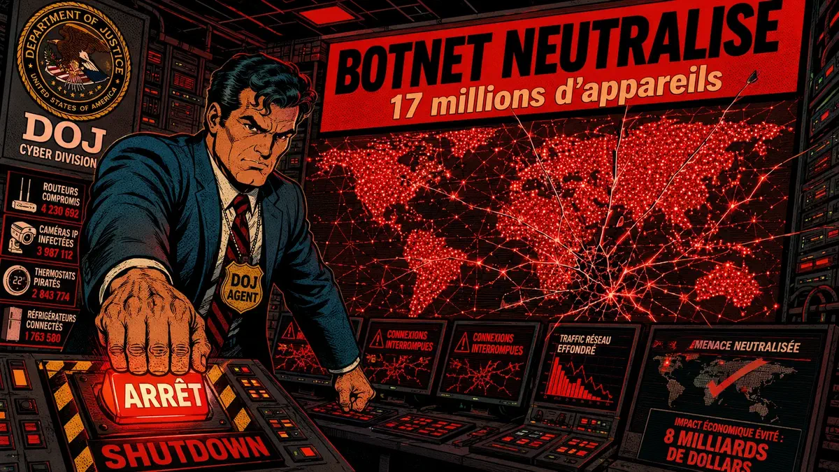 Illustration d'un réseau de machines compromises formant un botnet mondial